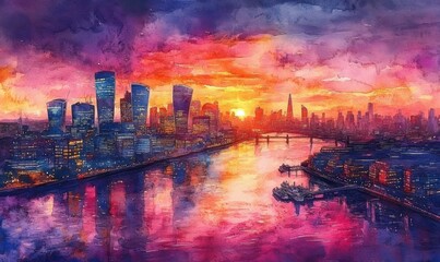 Obraz premium Watercolor Aerial sunset view of the skyline of London with skyscrapers at Canary Wharf and the City in the background, England Photo Formats