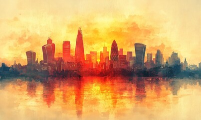 Obraz premium Watercolor Aerial sunset view of the skyline of London with skyscrapers at Canary Wharf and the City in the background, England Photo Formats