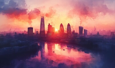 Watercolor Aerial sunset view of the skyline of London with skyscrapers at Canary Wharf and the City in the background, England Photo Formats