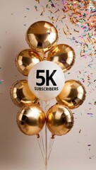 Golden balloons with text "5K" on background with colorful confetti. AI generated