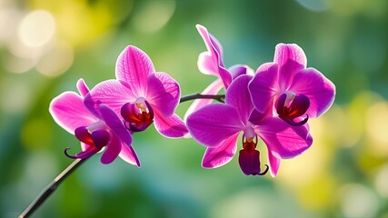 Delicate Orchid Blooms Bathed in Gentle Sunlight, Vibrant Petals Unfurl Against a Softly Blurred Background