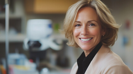 Naklejka premium Smiling Middle-Aged Professional Woman in Office or Laboratory Setting