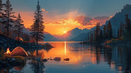 Fototapeta premium A group of friends sets up camp by a serene lake, their tents glowing softly as the sun sets behind the mountains. A fire crackles nearby, and the smell of pine trees and fresh air fills the campsite
