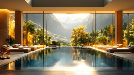 Fototapeta premium Mountain View Indoor Pool - 3D Illustration