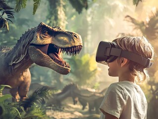 Obraz premium Child Exploring Prehistoric Jungle with VR Glasses Interacting with Animated Dinosaurs
