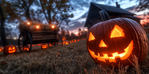A glowing jack-o'-lantern sits on a field of dry grass with a wagon in the background.