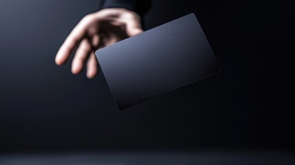 Hand holding a floating black card against a dark background.