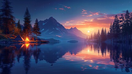 Fototapeta premium A group of friends sets up camp by a serene lake, their tents glowing softly as the sun sets behind the mountains. A fire crackles nearby, and the smell of pine trees and fresh air fills the campsite