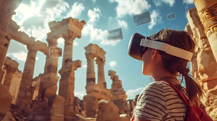 Traveler Exploring Ancient Ruins Through Immersive Virtual Reality Experience