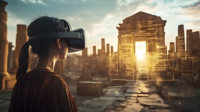 Traveler Explores Ancient Ruins through VR Glasses with Floating Info Boxes - Powered by Adobe