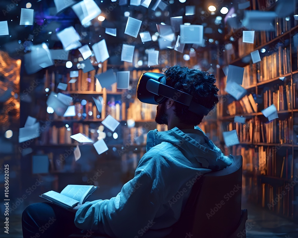 Poster person in vr exploring virtual library with glowing floating books