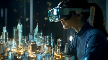 Virtual Architect Wearing VR Glasses Builds Futuristic Cityscape in Real Time with Holographic Tools and 3D Renderings