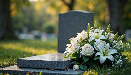 Peaceful cemetery scene with a gravestone and a bouquet of white lilies and roses