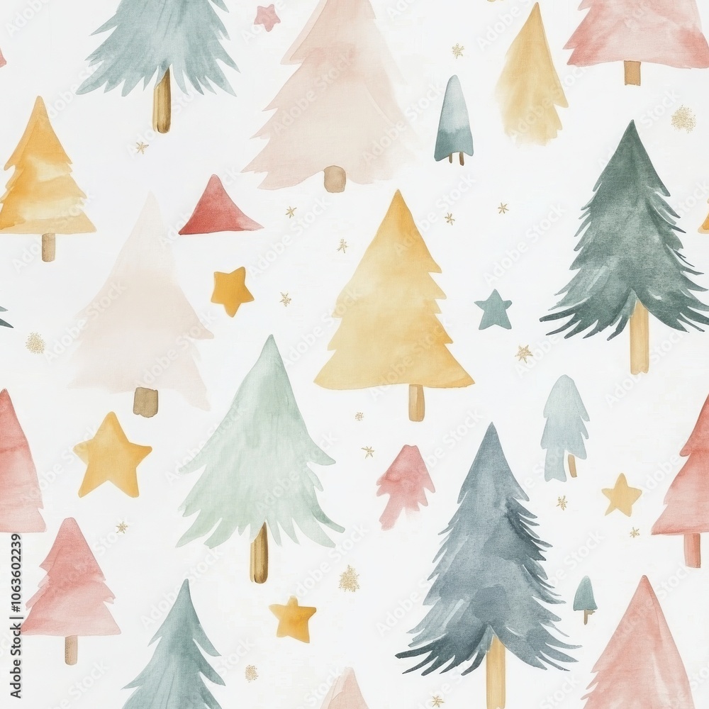 Aufkleber a whimsical pattern featuring various colorful trees and stars on a light background, creating a fes