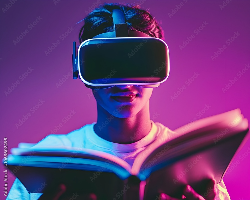 Poster student embracing the future of virtual education with interactive lessons and glowing textbooks