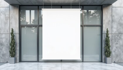 Fototapeta premium Empty white roll-up banner displayed outside a modern building with decorative plants copy space