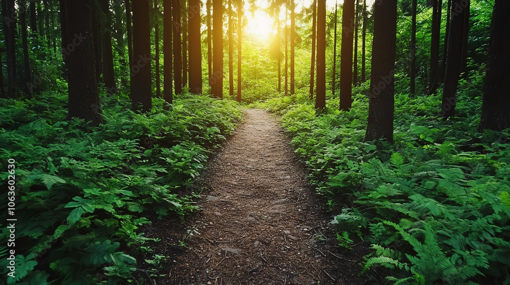 Poster a serene forest path illuminated by soft sunlight, surrounded by lush greenery and tall trees, invit