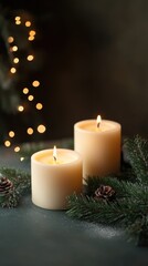 Beautiful Christmas white candles stand on the table on the left with copy space for text on the right. Xmas decor against a rough blue background. New Year's Eve and a holiday miracle
