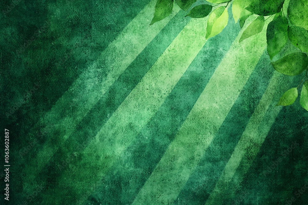 Poster a serene green background with soft rays of light filtering through leaves, perfect for nature-theme