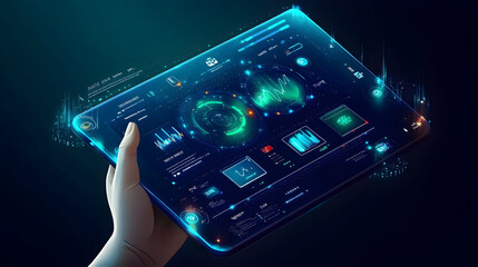 Hand holding a tablet with a futuristic user interface, showcasing data analysis and insights.