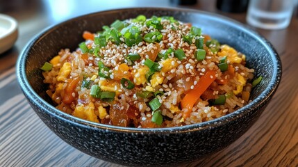 A warm bowl of fried rice with egg and mixed vegetables, garnished with green onions and sesame seeds, ready for a cozy dinner