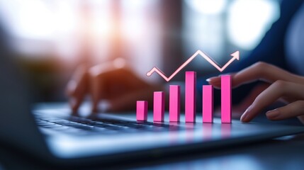 Hands typing on laptop with digital growth graph, representing business success and analytics.
