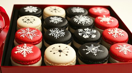 Fototapeta premium Beautifully crafted macarons with snowflake designs, arranged in a holiday gift box with ribbon, perfect for Christmas gifting