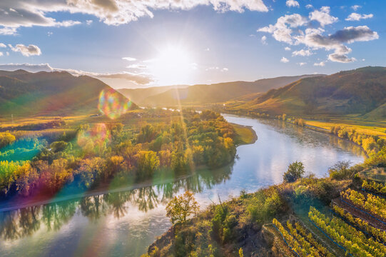 Autumn Wachau valley (UNESCO) during autumn sunset with Danube river near the Durnstein village in Lower Austria, Austria