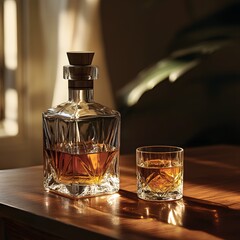 Elegant Whiskey Decanter and Glass on Wooden Table