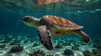 Obraz premium Macro shot of a gentle turtle swimming just beneath the surface of turquoise water reflecting the vibrant colors of the coral reef