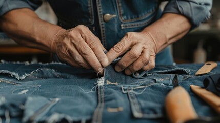 Fototapeta premium Skilled hands sewing denim jacket in artisan workshop