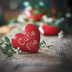 A cinematic shot of a red heart with the text "Cutie Pie" written inside. The heart is lying on a wooden surface.