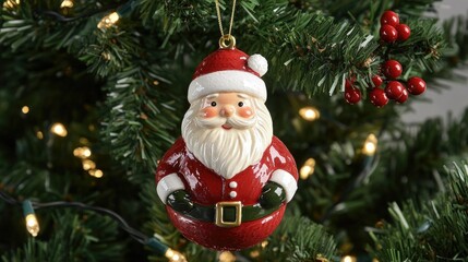 Obraz premium Beautiful Santa ornament hanging on a tree branch with green pine needles and red holly berries, illuminated by warm lights