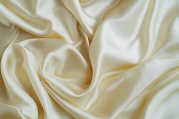 Fototapeta premium A close-up of the smooth, shiny texture of cream-colored silk fabric with folds and ripples.