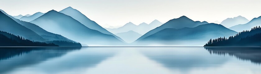 Fototapeta premium A serene landscape featuring misty mountains reflecting on a calm lake, creating a tranquil and peaceful atmosphere.