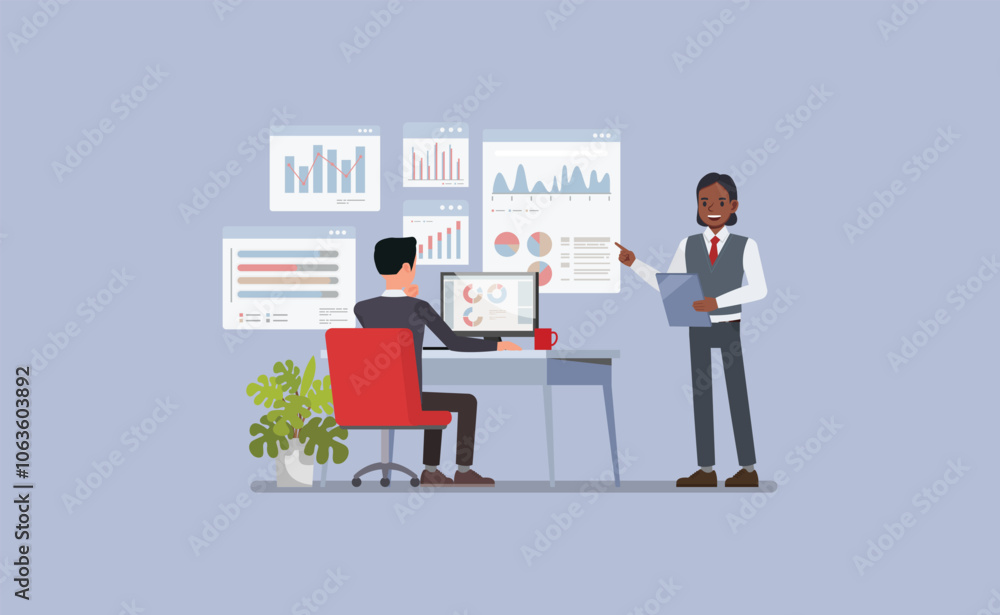 Fototapete businessman at a desk with multiple screens displaying graphs, charts, and analytical data character
