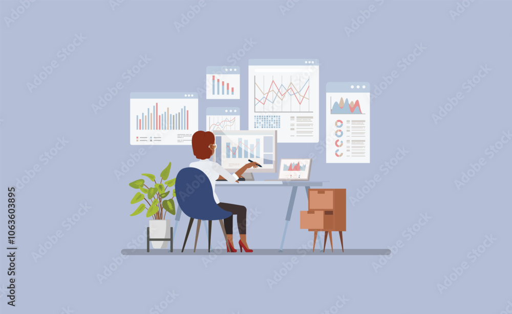 Poster businesswoman at a desk with multiple screens displaying graphs, charts, and analytical data charact