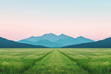 Fototapeta premium A serene landscape featuring rolling green fields leading towards majestic mountains under a pastel sky at dawn.