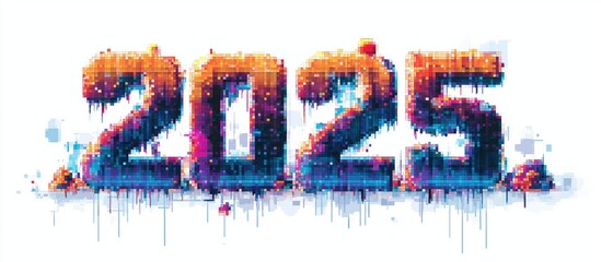 Retro-style pixelated 2025, Happy New Year, blocky characters, a vintage look against white background.