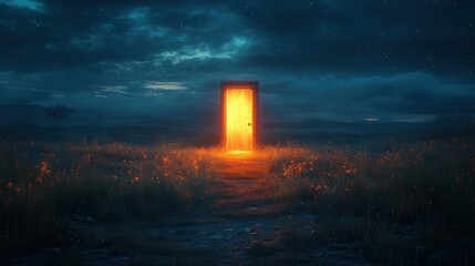 light streaming through an open door in a field at night symbolizing new goals and progress inviting viewers to envision possibilities in a magical landscape