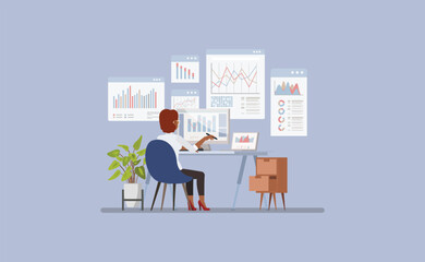 Businesswoman at a desk with multiple screens displaying graphs, charts, and analytical data character vector illustration design. Data Analysis concept.