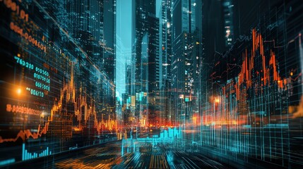 A futuristic cityscape with financial growth charts and stock market data overlay. 