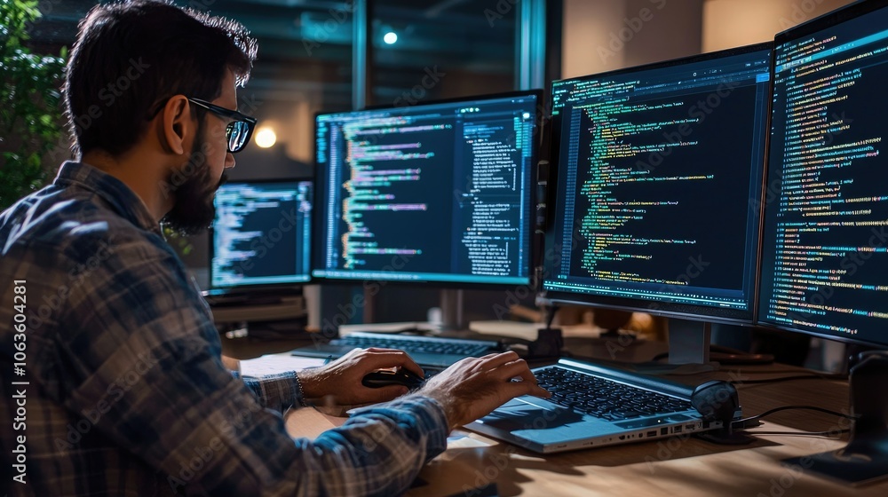 Poster Developer typing code on a laptop with multiple monitors displaying code. 