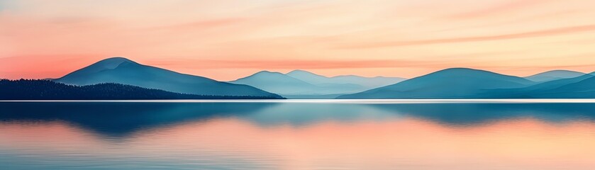 Obraz premium A serene landscape featuring tranquil mountains reflected in calm waters during sunset, creating a picturesque nature scene.