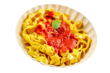 Pasta tagliatelle tomato sauce second course tasty food dish fresh delicious gourmet food background on the table rustic food top view copy space