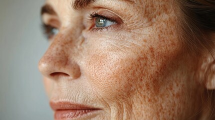Fototapeta premium A woman gazes thoughtfully to the side, highlighting her striking freckles and fine lines, reflecting her unique beauty and confidence during golden hour.