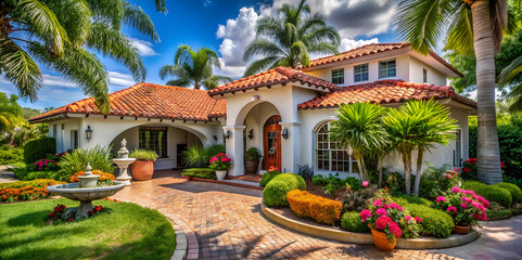 Obraz premium A beautiful Mediterranean-style home surrounded by lush greenery and vibrant flowers, featuring a welcoming entrance and stunning landscape.