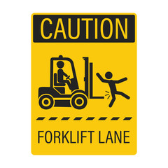 Yellow safety sign icon of black pictogram forklift lane, keep clear, may cause injury, for industrial vehicle caution alert © AndiPoe