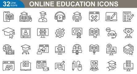 Online Education line icons set. E-learning, school, lecture, live, assignments, exams, webinars and more. vector illustration.