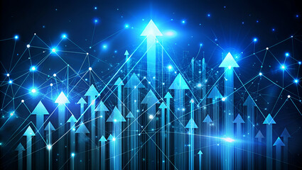 A vibrant graphic of upward-pointing arrows against a blue backdrop, symbolizing growth, progress, and technological advancement.